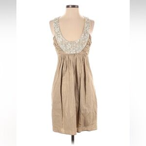 Anthropologie Molly New York gold linen dress w/ lace collar and T back